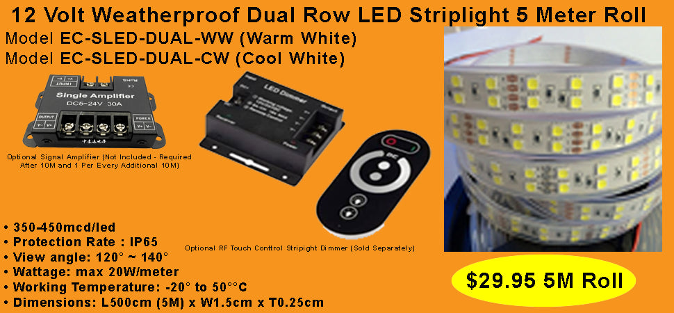 12 Volt Super Bright Weatherproof Dual LED Striplight 5 Meter Roll